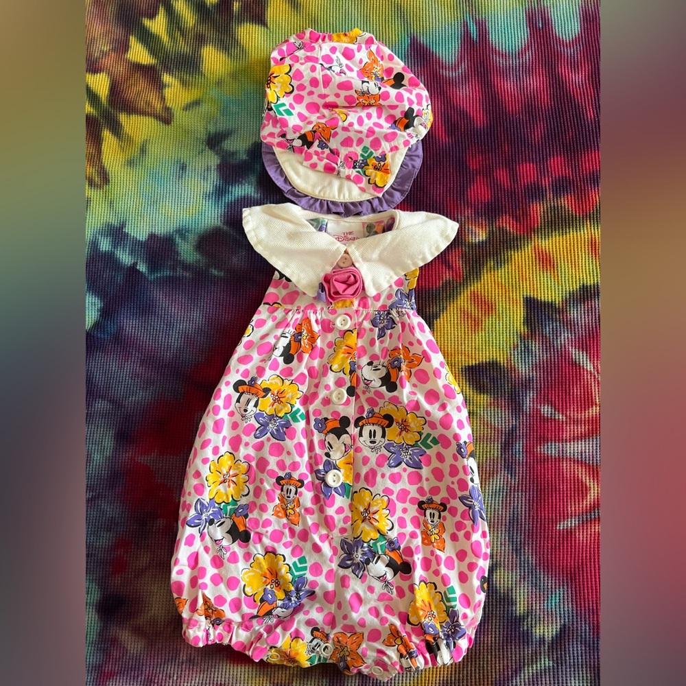 💗🌼90s Vintage Disney Minnie Mouse Floral Baby Onesie and Hat Set 18mo